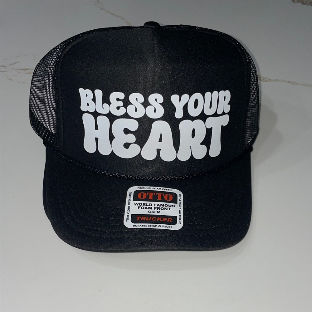 BLESS YOUR HEART Black Trucker Hat with White Text